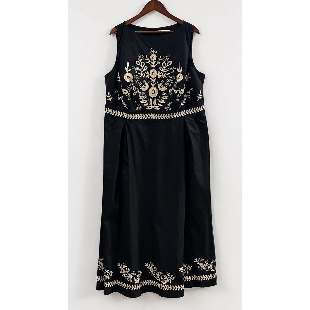 eShakti Black Embroidered Floral Fit & Flare Midi Dress 22W Pockets - Picture 2 of 14